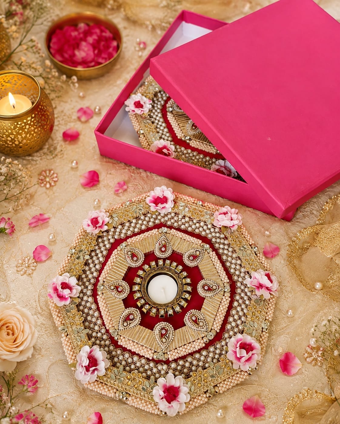 Set of 2 12x12-inch pink hexagonal MDF rangoli tea light holder mats decorated with pearls, stones, and artificial flowers for Diwali and housewarming decor.