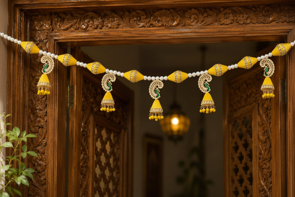 40-inch yellow beaded main door toran made with stainless steel, fabric, beads, and gota work for Diwali, Navratri, and housewarming entrance decor.