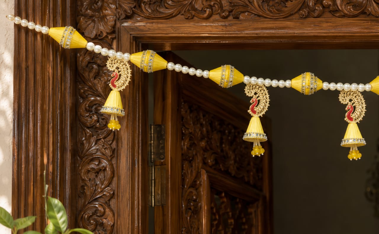 40-inch yellow beaded main door toran made with stainless steel, fabric, beads, and gota work for Diwali, Navratri, and housewarming entrance decor.