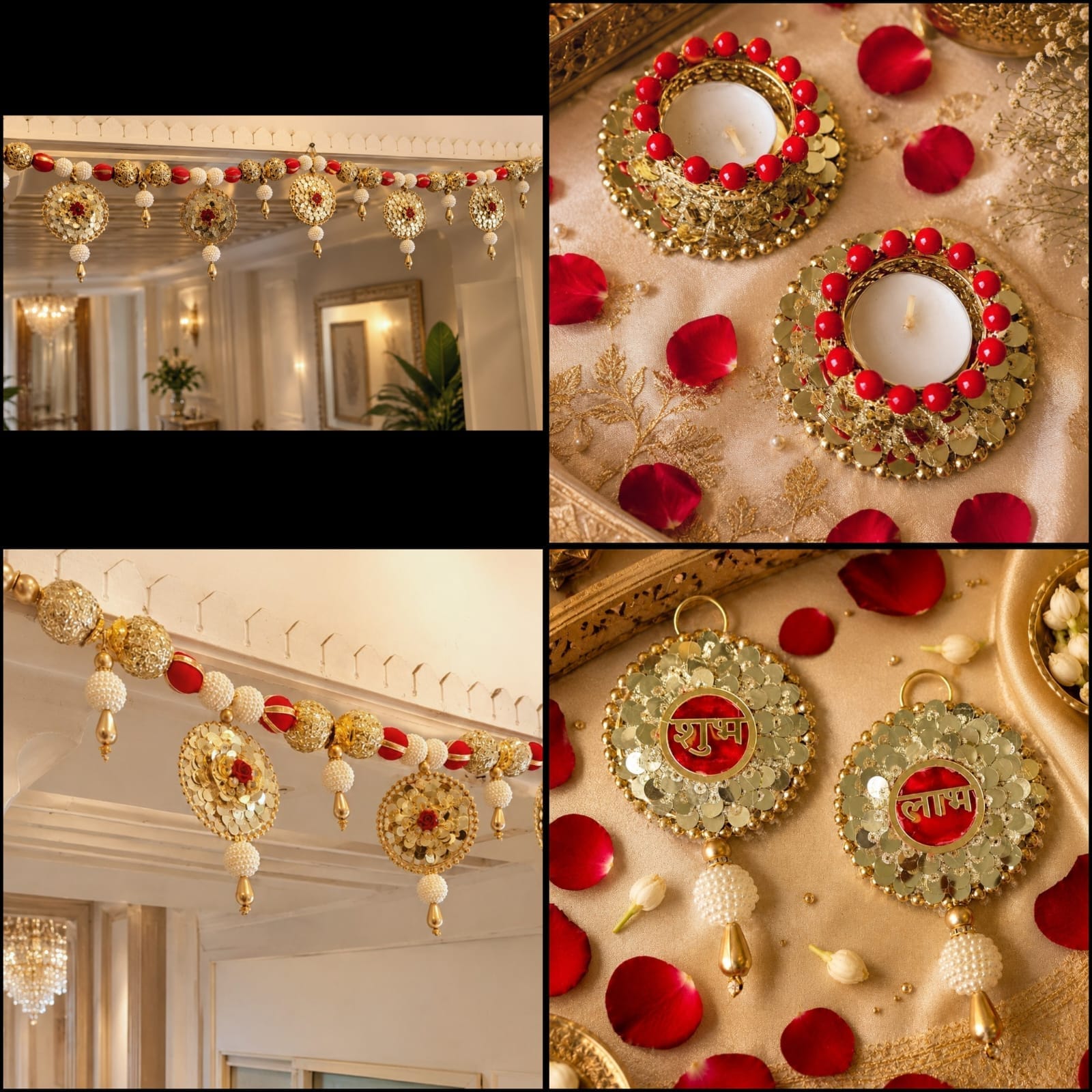 39-inch sequin work door toran set with 1 pair of Shubh Labh wall hangings and 2 tea light holders with wax lights for Diwali and housewarming decor.