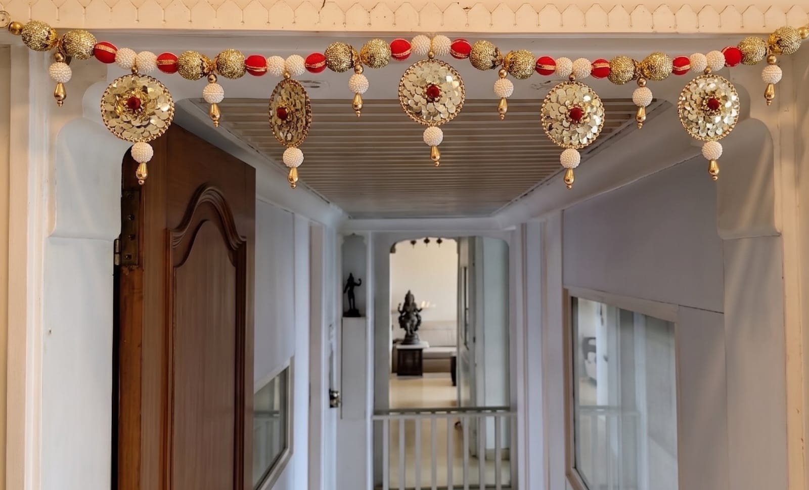 39-inch sequin work main door toran made with beads and sequin work for Diwali and housewarming entrance decor.