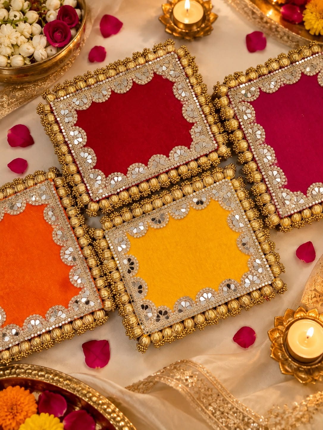 Velvet Reversible Aasan Stool Mat with Mirror Work, Rangoli Home Décor, 1 piece , yellow red