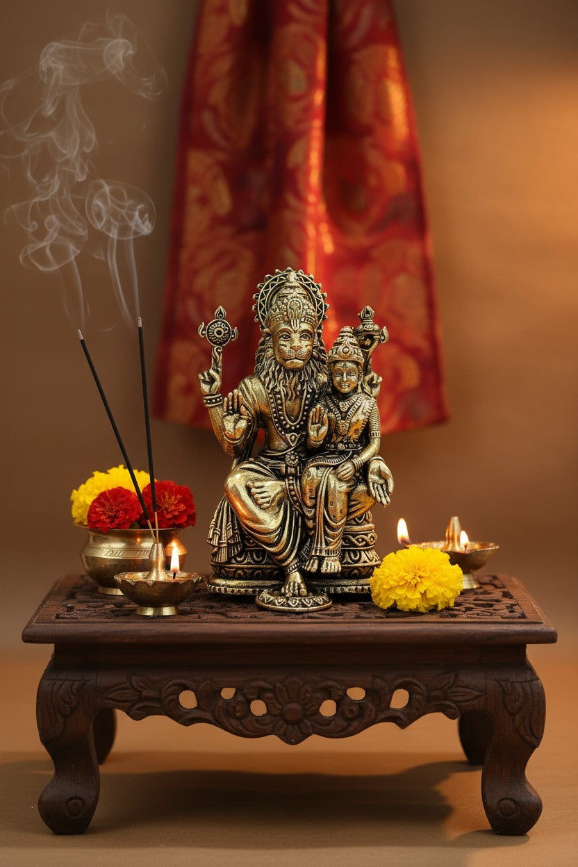 Handcrafted brass Lakshmi Narasimha statue featuring Lord Narasimha with Goddess Lakshmi, ideal for home temples, pooja rooms, meditation spaces, spiritual décor, and devotional gifting. 🦁✨🙏🏡🪔