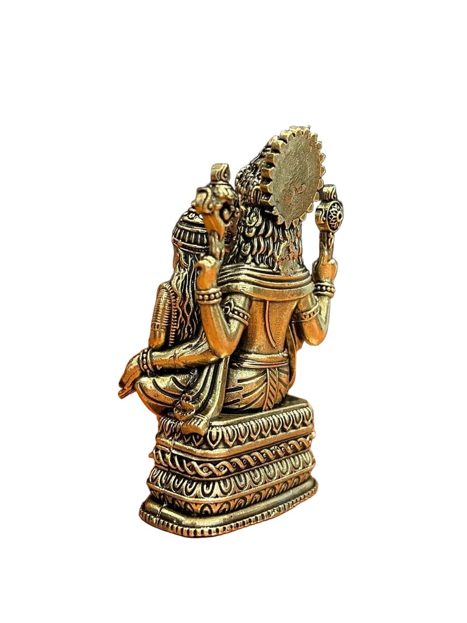 Handcrafted brass Lakshmi Narasimha statue featuring Lord Narasimha with Goddess Lakshmi, ideal for home temples, pooja rooms, meditation spaces, spiritual décor, and devotional gifting. 🦁✨🙏🏡🪔