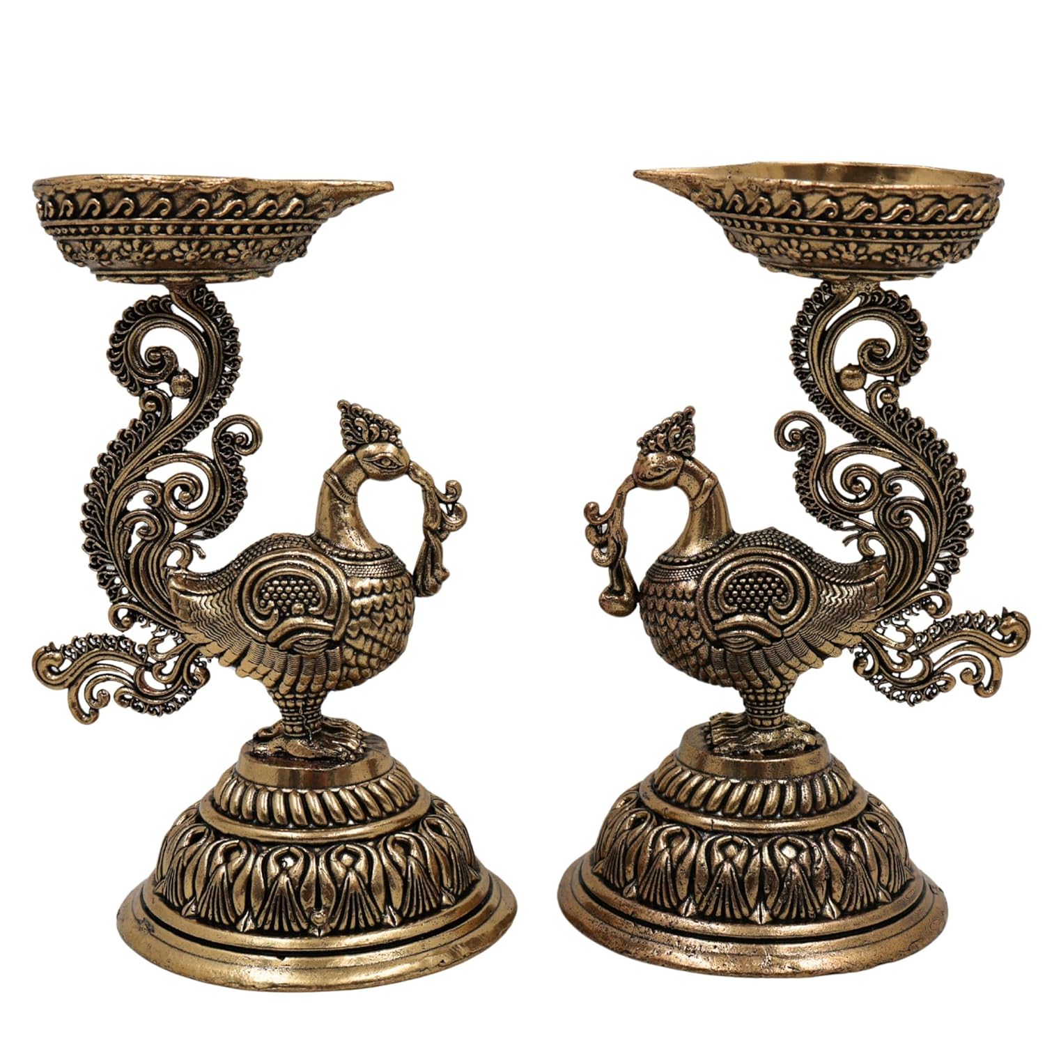 Set of 2 handcrafted brass oil lamps on peacock stands, ideal for home temples, mandirs, pooja rituals, Diwali decorations, meditation spaces, and traditional spiritual décor. 🦚🪔✨🙏🏡