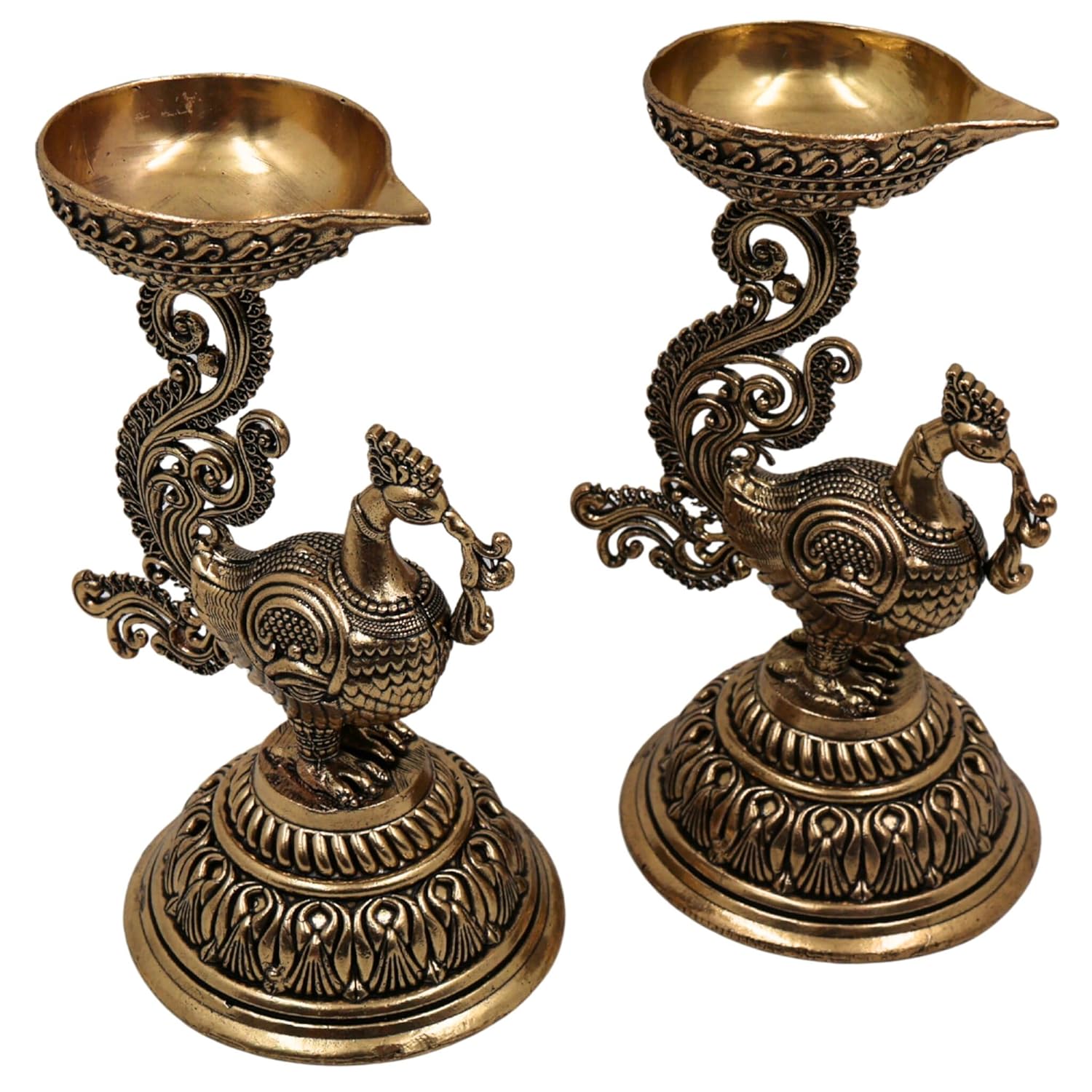 Set of 2 handcrafted brass oil lamps on peacock stands, ideal for home temples, mandirs, pooja rituals, Diwali decorations, meditation spaces, and traditional spiritual décor. 🦚🪔✨🙏🏡