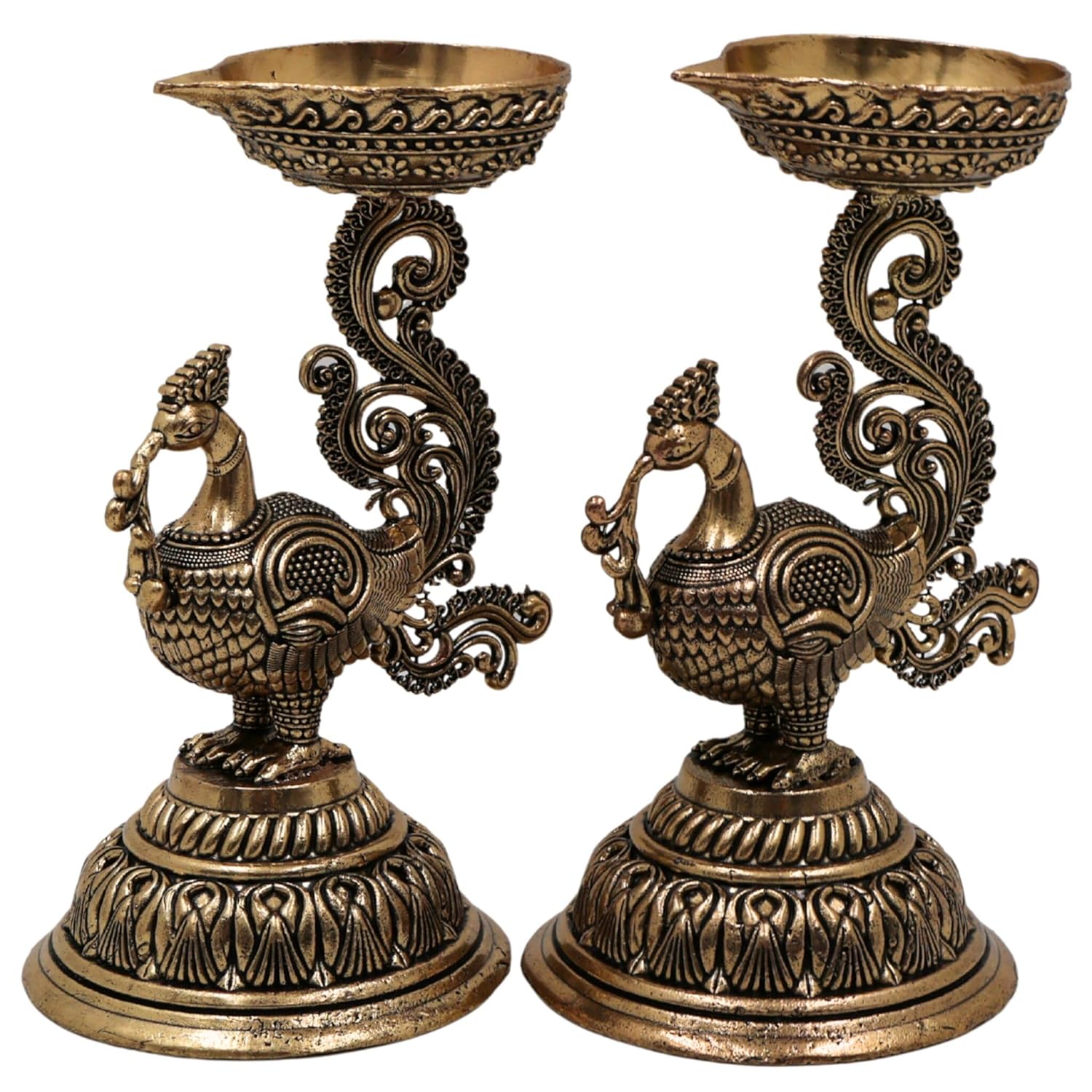 Set of 2 handcrafted brass oil lamps on peacock stands, ideal for home temples, mandirs, pooja rituals, Diwali decorations, meditation spaces, and traditional spiritual décor. 🦚🪔✨🙏🏡