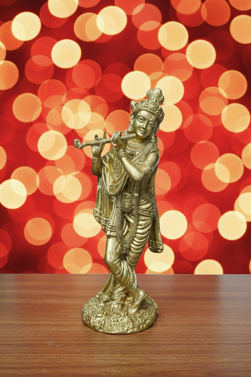 Elegant brass Krishna statue in Tribhanga pose playing the flute, ideal for home temples, pooja rooms, meditation spaces, Janmashtami celebrations, spiritual décor, and devotional gifting. 🦚🎶✨🙏🏡