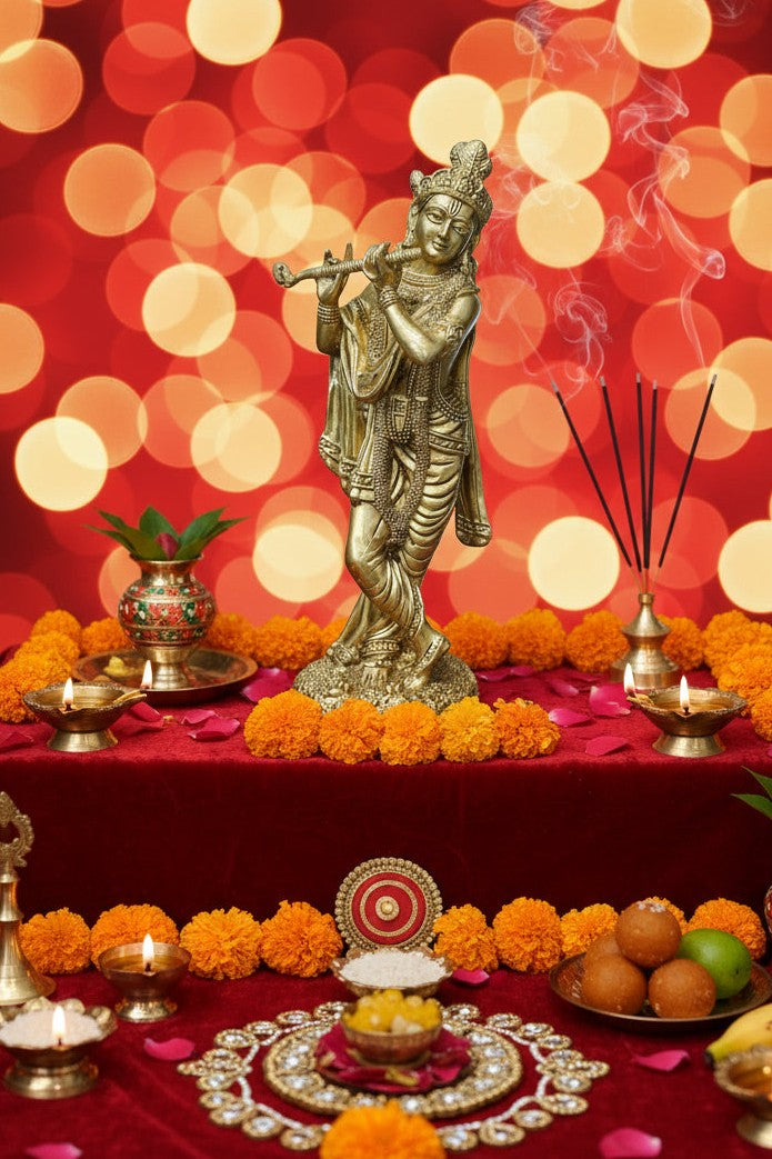 Elegant brass Krishna statue in Tribhanga pose playing the flute, ideal for home temples, pooja rooms, meditation spaces, Janmashtami celebrations, spiritual décor, and devotional gifting. 🦚🎶✨🙏🏡