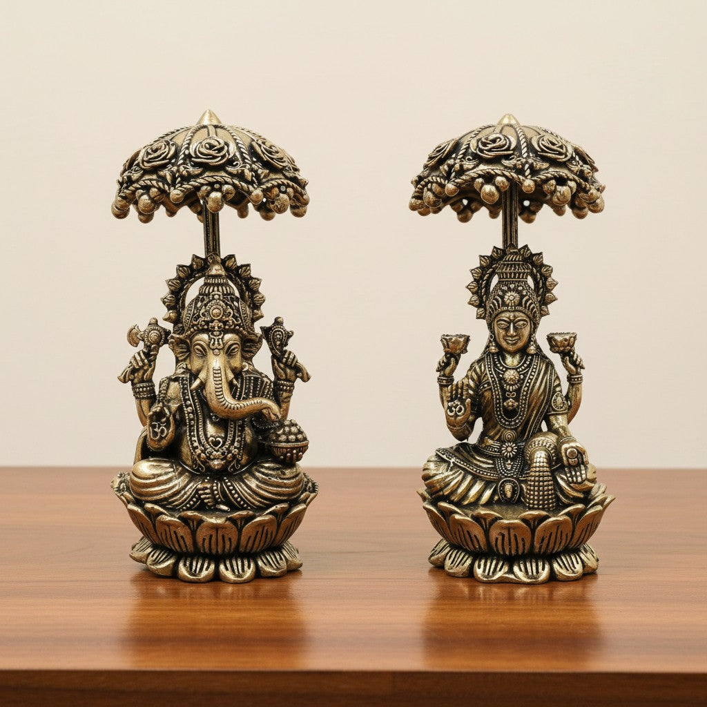 andcrafted brass Lakshmi Ganesh idol pair for home temples, pooja rooms, Diwali celebrations, Vastu décor, and spiritual spaces, symbolizing prosperity, wisdom, wealth, and divine blessings. 🪔✨🙏🏡💛