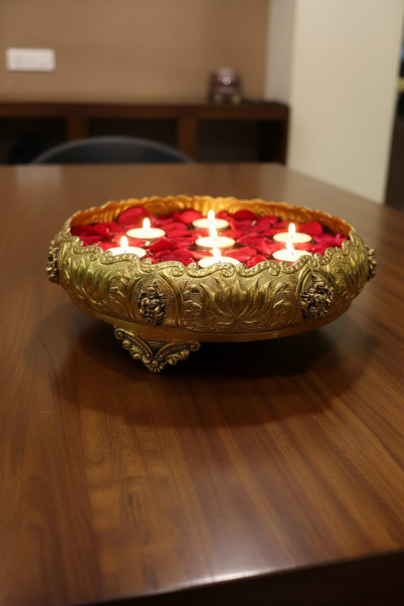 Brass Lotus Urli with Ashta Lakshmi Design | Traditional Floating Bowl for Home Décor, Diwali & Housewarming Gift