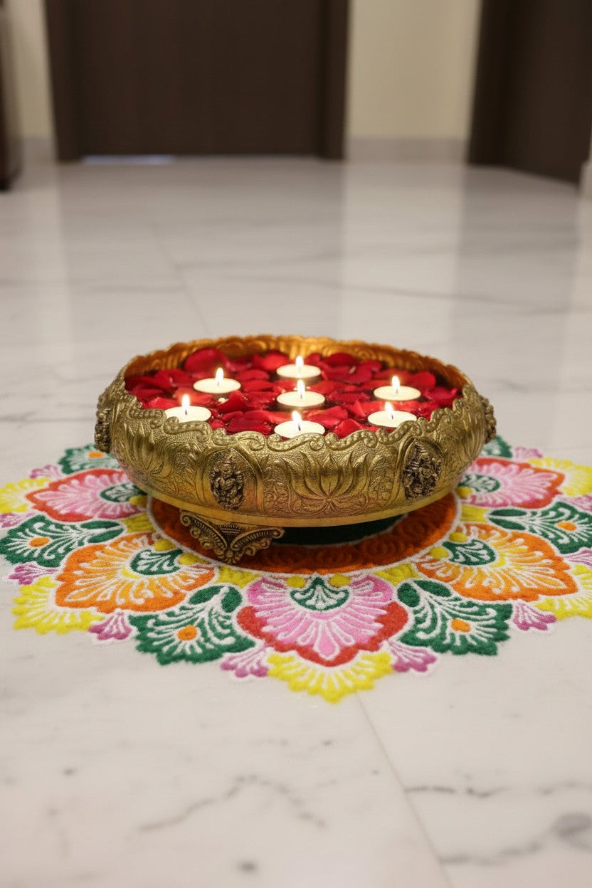 Brass Lotus Urli with Ashta Lakshmi Design | Traditional Floating Bowl for Home Décor, Diwali & Housewarming Gift