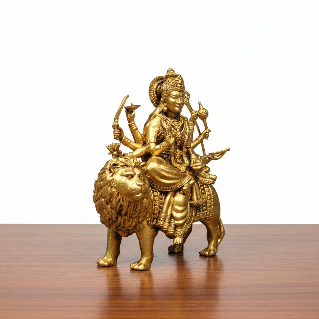 Antique gold finish brass Sherawali Maa idol seated on a lion, ideal for home temples, Navratri décor, pooja rooms, meditation spaces, spiritual worship, and festive gifting. 🦁🙏✨🪔🏡