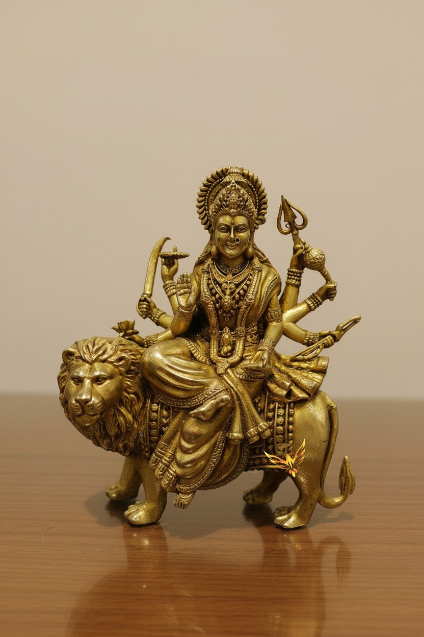 Antique gold finish brass Sherawali Maa idol seated on a lion, ideal for home temples, Navratri décor, pooja rooms, meditation spaces, spiritual worship, and festive gifting. 🦁🙏✨🪔🏡