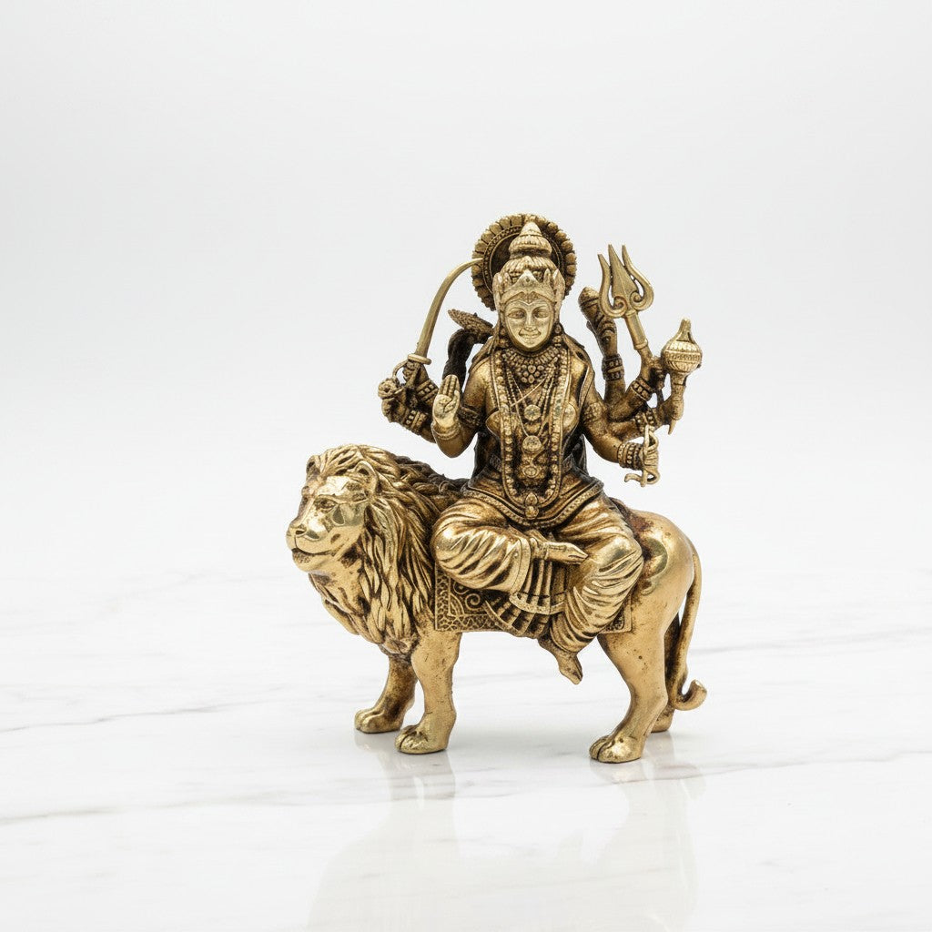 Antique gold finish brass Sherawali Maa idol seated on a lion, ideal for home temples, Navratri décor, pooja rooms, meditation spaces, spiritual worship, and festive gifting. 🦁🙏✨🪔🏡