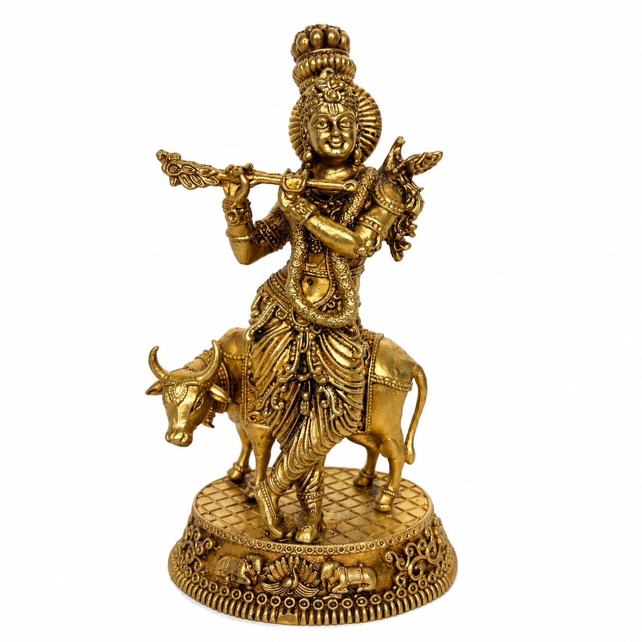 Brass Krishna Playing Flute with Peacock & Kamdhenu Cow – Antique Finish Spiritual Idol for Home Temple Décor & Gifting