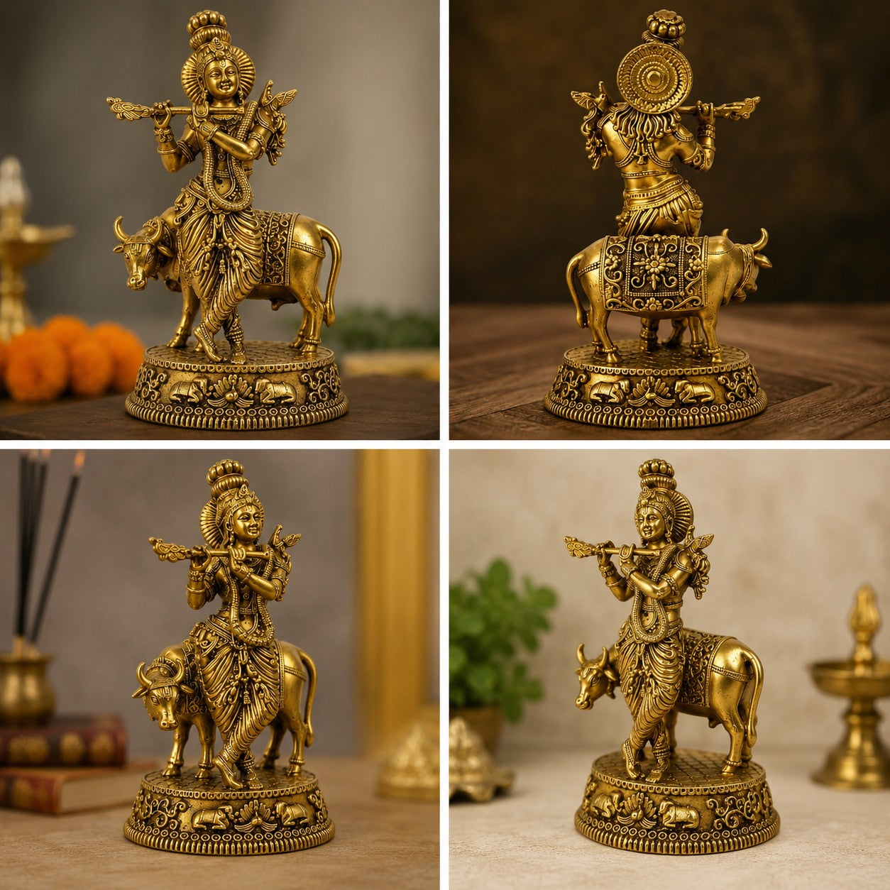 Brass Krishna Playing Flute with Peacock & Kamdhenu Cow – Antique Finish Spiritual Idol for Home Temple Décor & Gifting