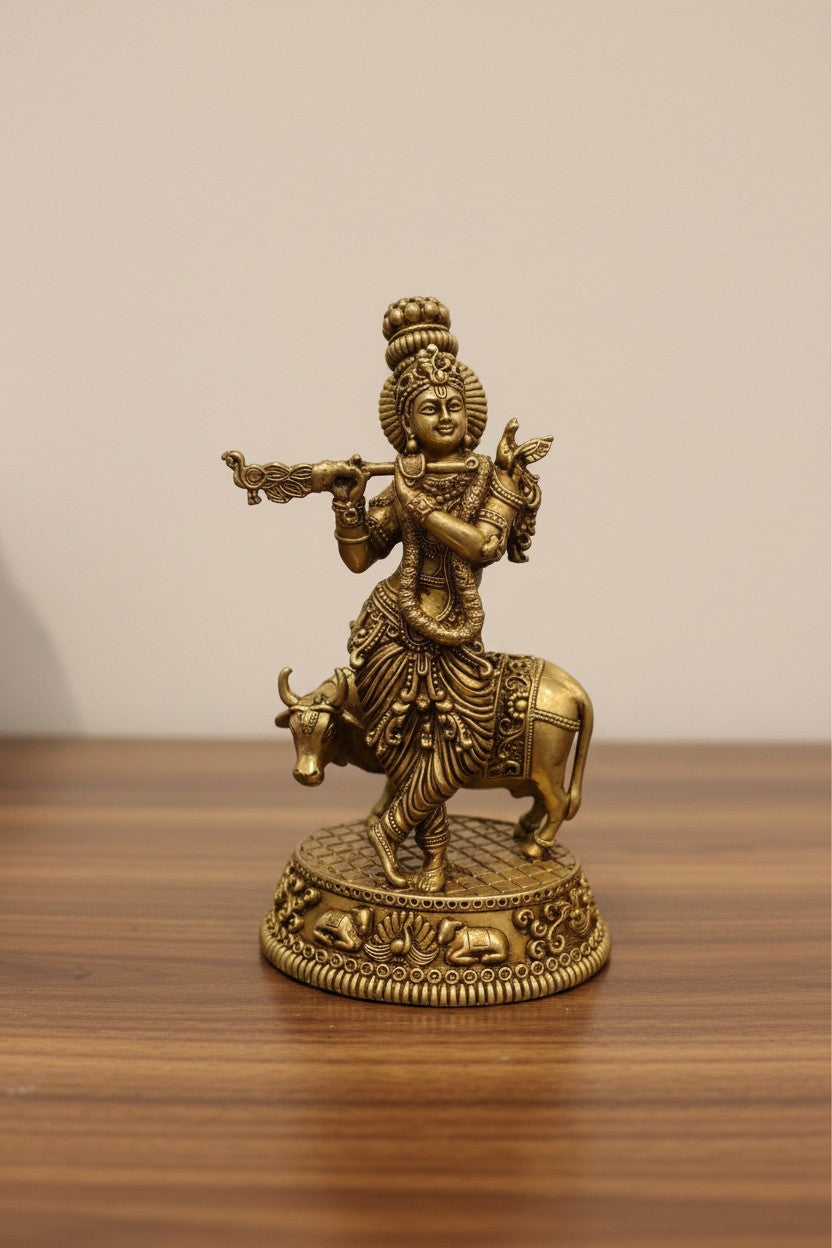 Brass Krishna Playing Flute with Peacock & Kamdhenu Cow – Antique Finish Spiritual Idol for Home Temple Décor & Gifting