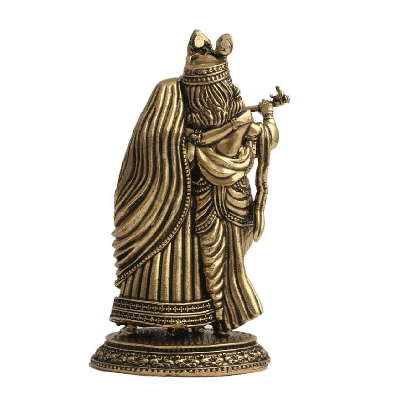 Handcrafted brass Radha Krishna statue featuring the divine Jugal Jodi, ideal for home temples, pooja rooms, meditation spaces, Janmashtami celebrations, spiritual décor, and meaningful gifting. 🦚💖✨🙏