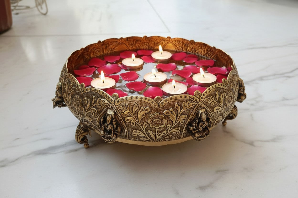 Handcrafted pure brass Ashtalakshmi urli bowl with decorative elephant legs, ideal for floating flowers, candles, pooja rooms, Diwali décor, festive centerpieces, and elegant home decoration. 🪔🐘✨🌸🏡