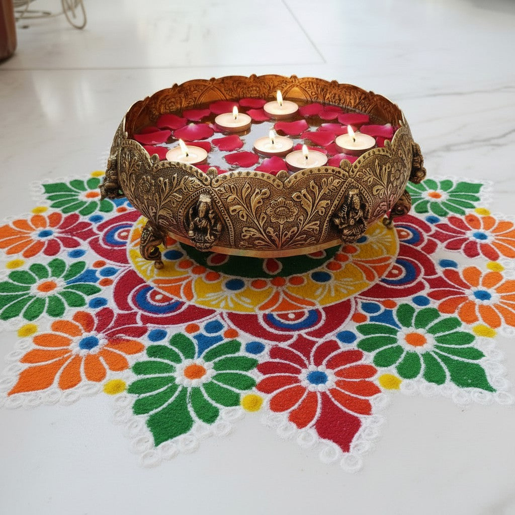 Handcrafted pure brass Ashtalakshmi urli bowl with decorative elephant legs, ideal for floating flowers, candles, pooja rooms, Diwali décor, festive centerpieces, and elegant home decoration. 🪔🐘✨🌸🏡