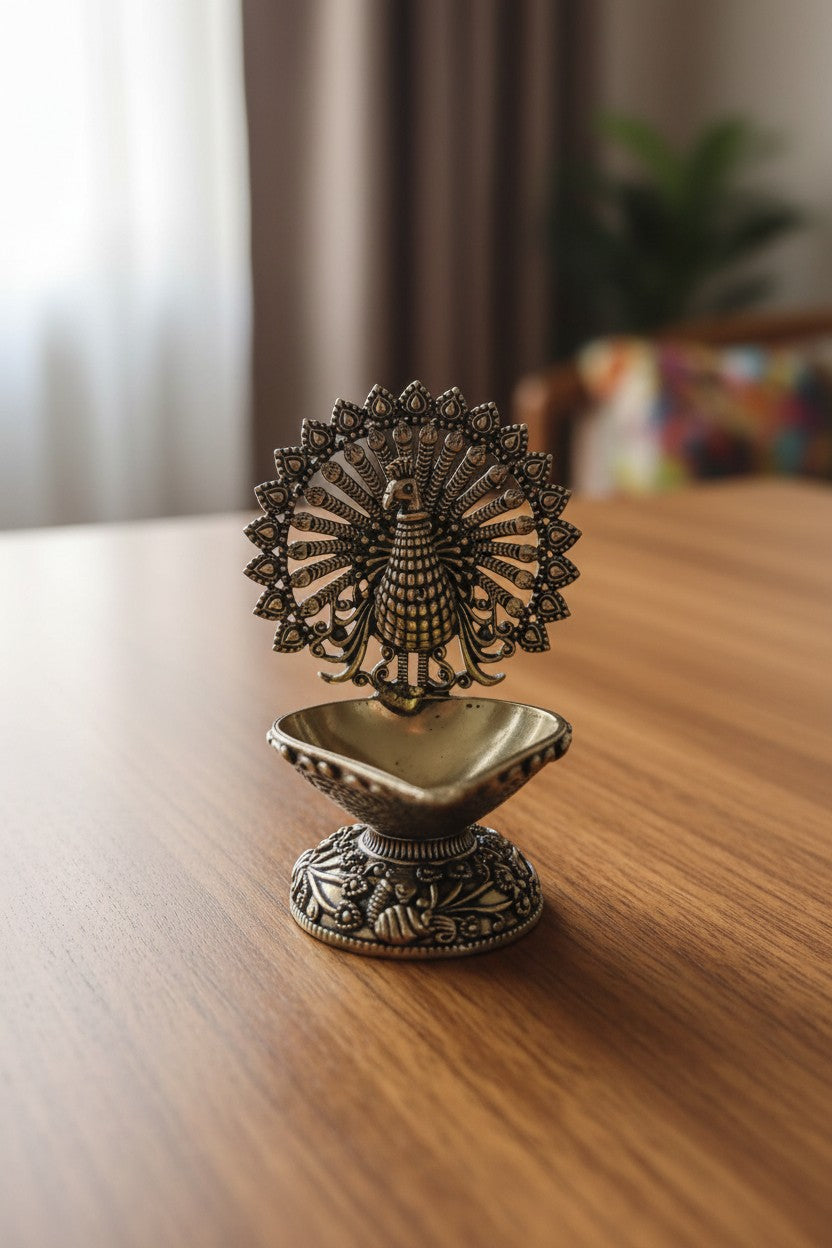 Pure Brass Dancing Peacock Diya Set of 2 – Decorative Oil Lamps for Diwali, Housewarming, Pooja & Home Décor