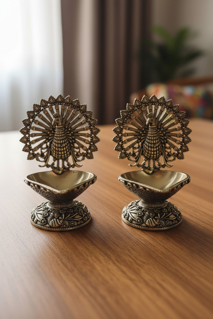 Pure Brass Dancing Peacock Diya Set of 2 – Decorative Oil Lamps for Diwali, Housewarming, Pooja & Home Décor