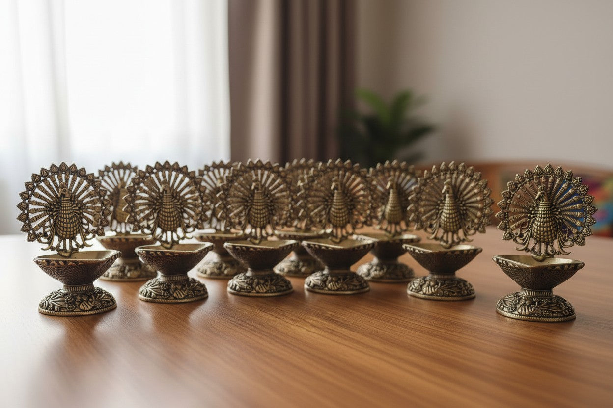 Pure Brass Dancing Peacock Diya Set of 10 – Decorative Oil Lamps for Diwali, Housewarming, Pooja & Home Décor