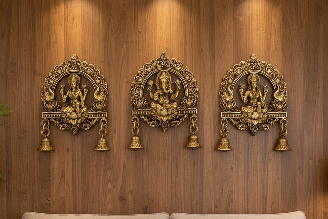 Handcrafted brass wall hanging set featuring two Gaja Lakshmi motifs and one Lotus Ganesha design with decorative bells, ideal for home entrances, pooja rooms, temples, festive décor, and spiritual gifting. 🪔✨🙏🔔🏡