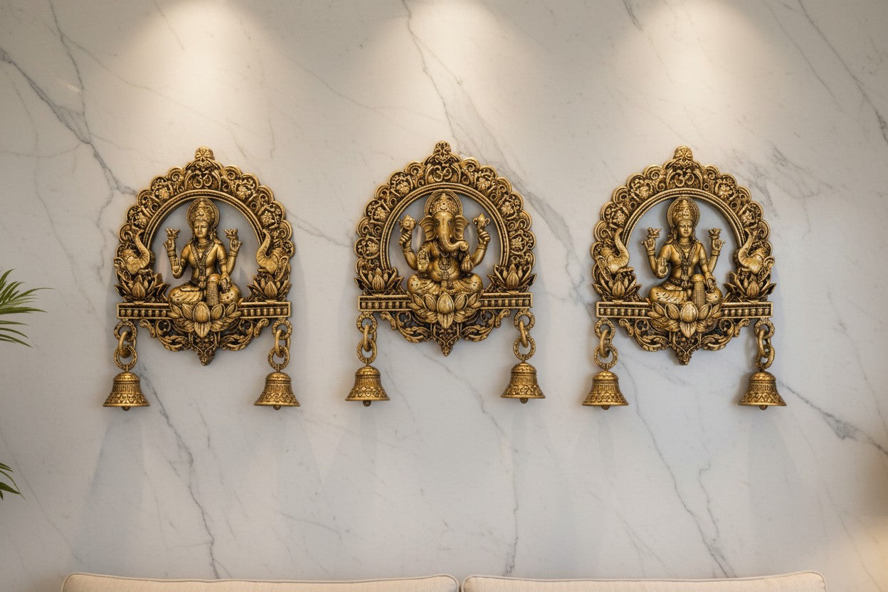 Handcrafted brass wall hanging set featuring two Gaja Lakshmi motifs and one Lotus Ganesha design with decorative bells, ideal for home entrances, pooja rooms, temples, festive décor, and spiritual gifting. 🪔✨🙏🔔🏡