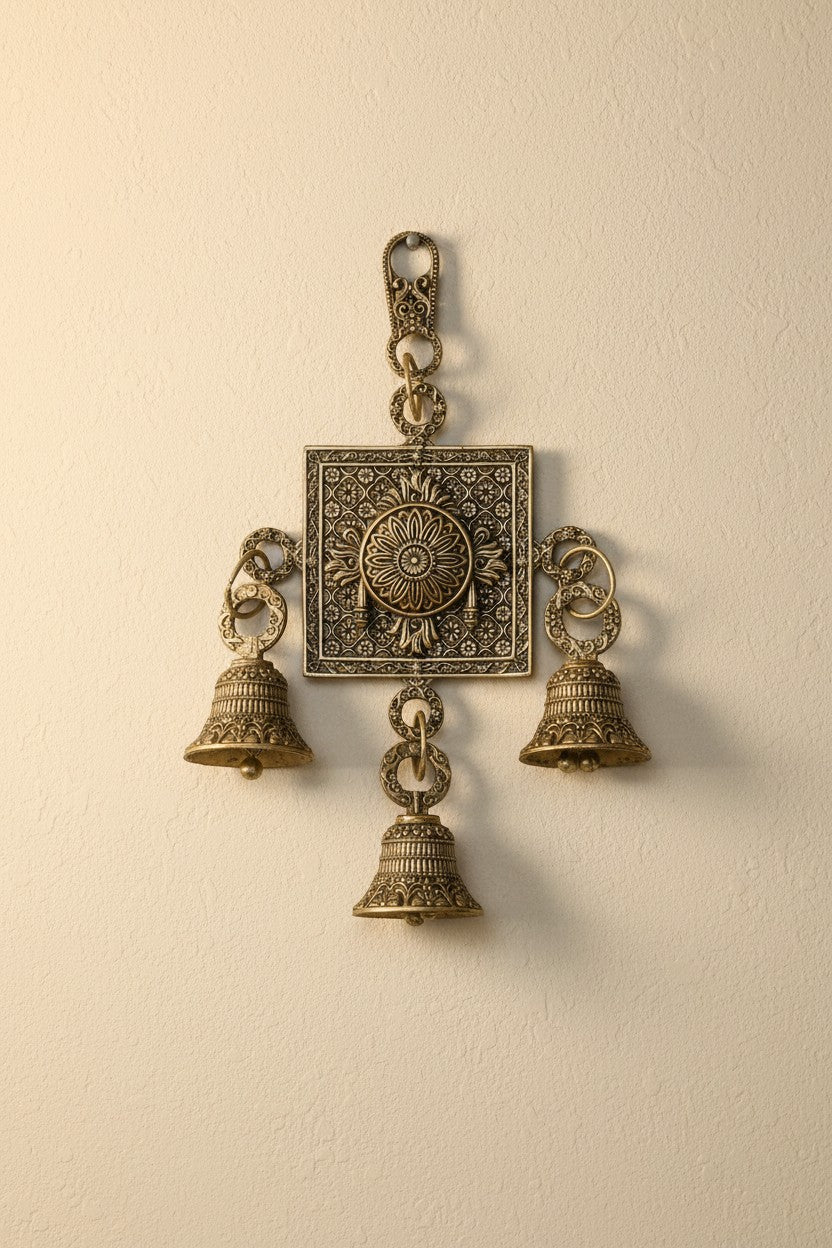 Superfine Brass Chakra Tilak & Conch Bells – Spiritual Wall Décor for Home Temple, Pooja Room & Festive Decoration