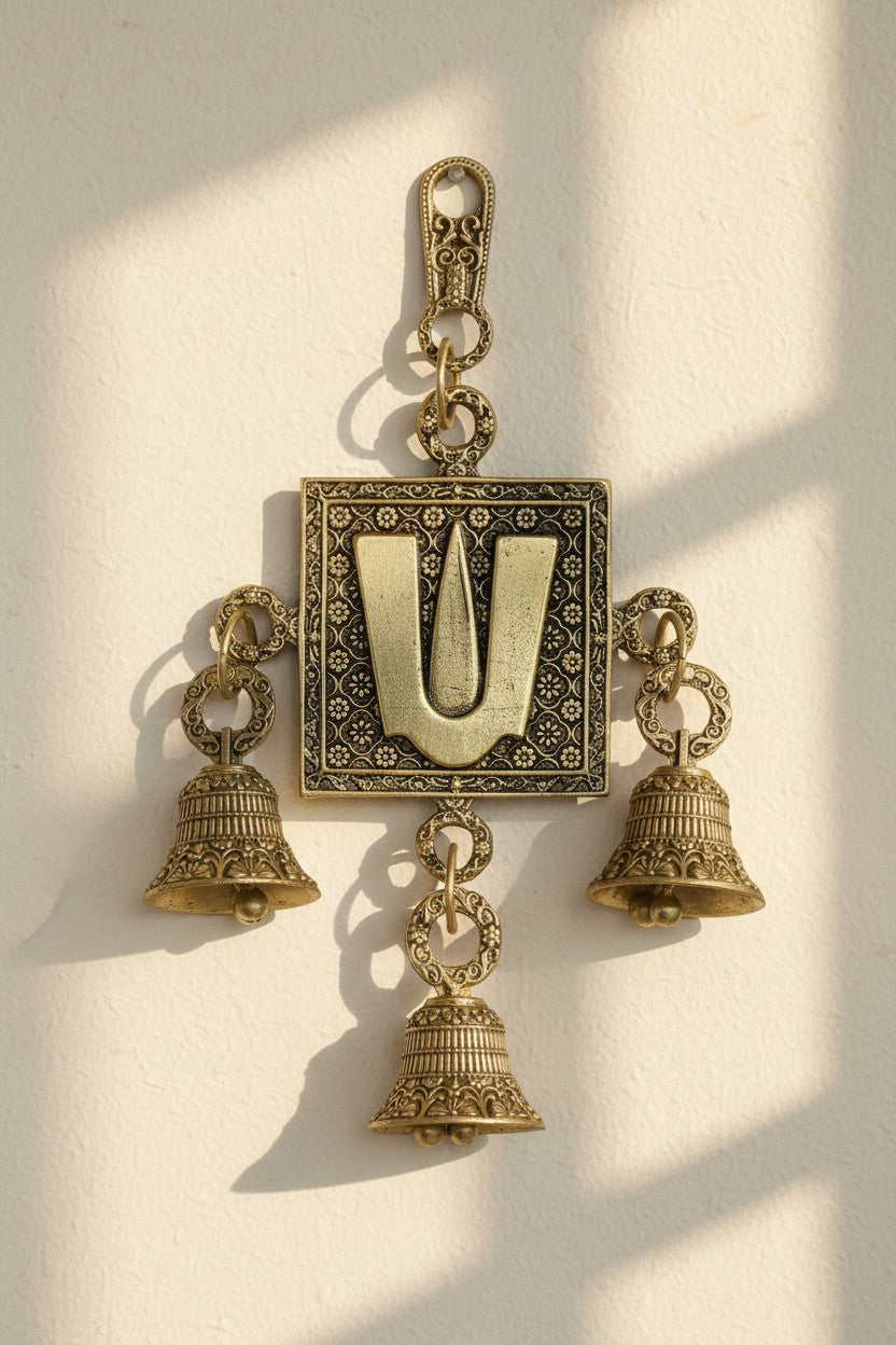 Handcrafted brass Chakra, Tilak, and Conch bell wall hanging set for home temples, pooja rooms, entrances, festive décor, and spiritual spaces, symbolizing positivity, harmony, and divine blessings. 🕉️🔔✨🙏🏡