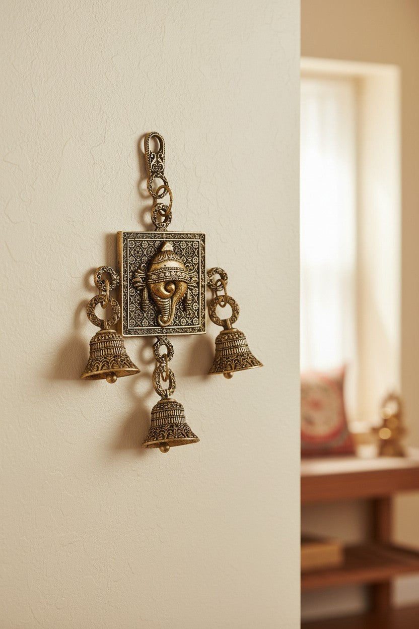 Handcrafted brass Chakra, Tilak, and Conch bell wall hanging set for home temples, pooja rooms, entrances, festive décor, and spiritual spaces, symbolizing positivity, harmony, and divine blessings. 🕉️🔔✨🙏🏡