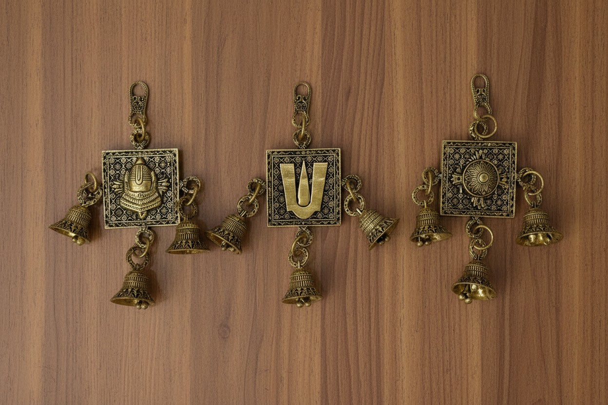 Handcrafted brass Chakra, Tilak, and Conch bell wall hanging set for home temples, pooja rooms, entrances, festive décor, and spiritual spaces, symbolizing positivity, harmony, and divine blessings. 🕉️🔔✨🙏🏡