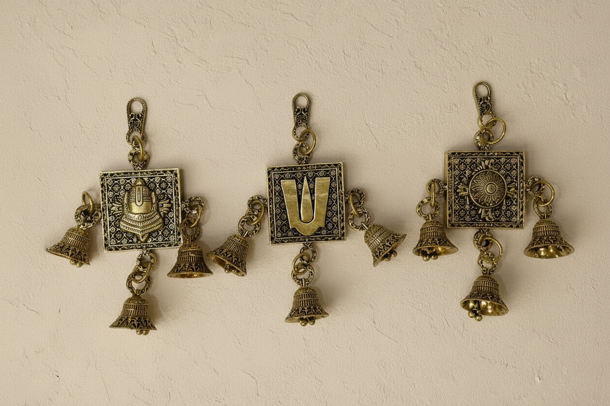 Handcrafted brass Chakra, Tilak, and Conch bell wall hanging set for home temples, pooja rooms, entrances, festive décor, and spiritual spaces, symbolizing positivity, harmony, and divine blessings. 🕉️🔔✨🙏🏡
