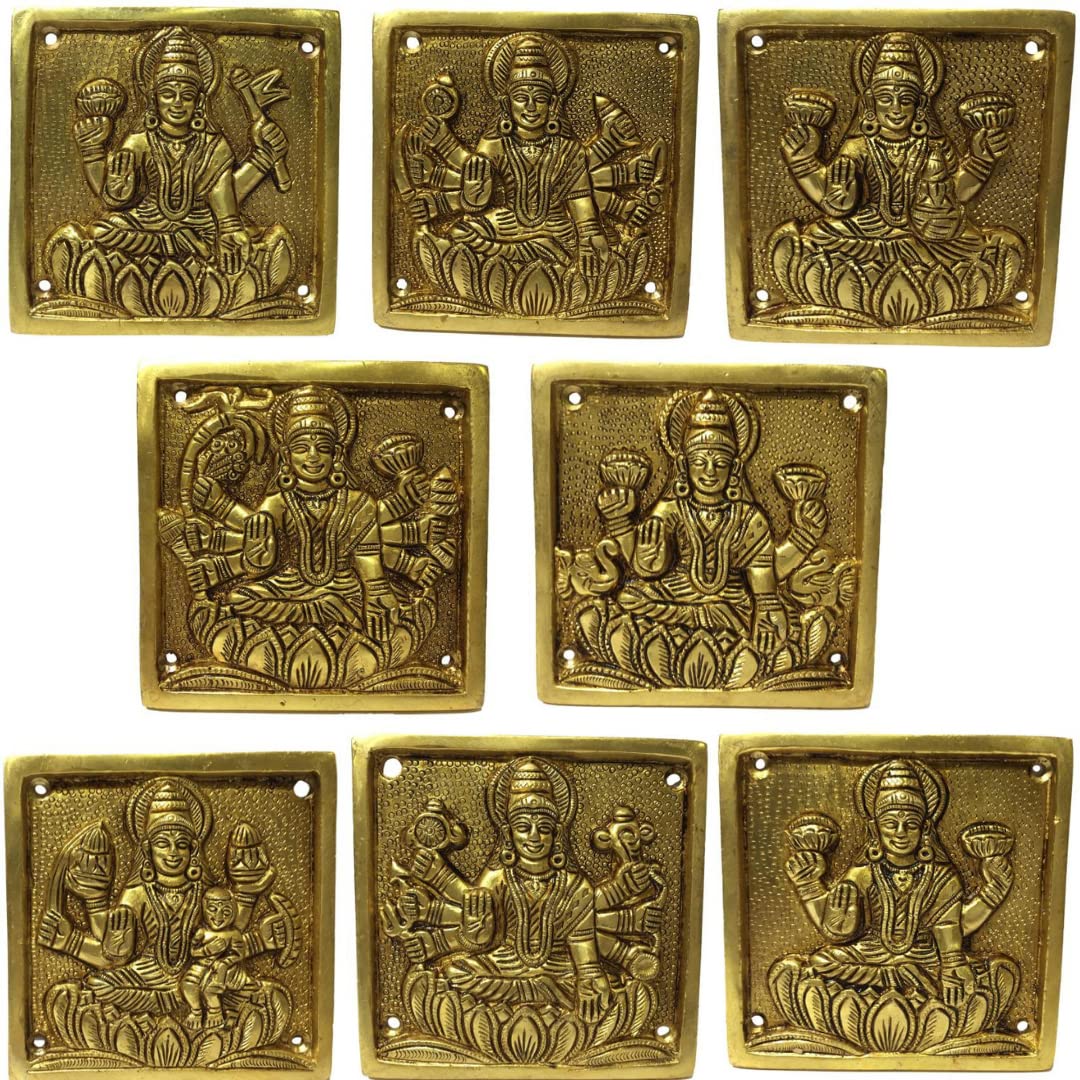Set of 8 Ashtalakshmi engraved brass wall plates featuring the eight forms of Goddess Lakshmi, ideal for pooja rooms, home temples, living rooms, offices, entrances, and spiritual décor. 🪔✨🙏🏡