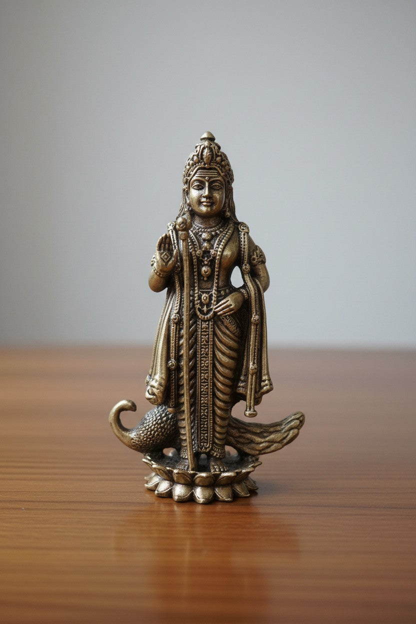 Handcrafted brass Murugan statue with peacock, ideal for home temples, pooja rooms, meditation spaces, Vastu décor, and spiritual gifting, symbolizing wisdom, courage, and divine blessings. 🦚🙏✨🏡