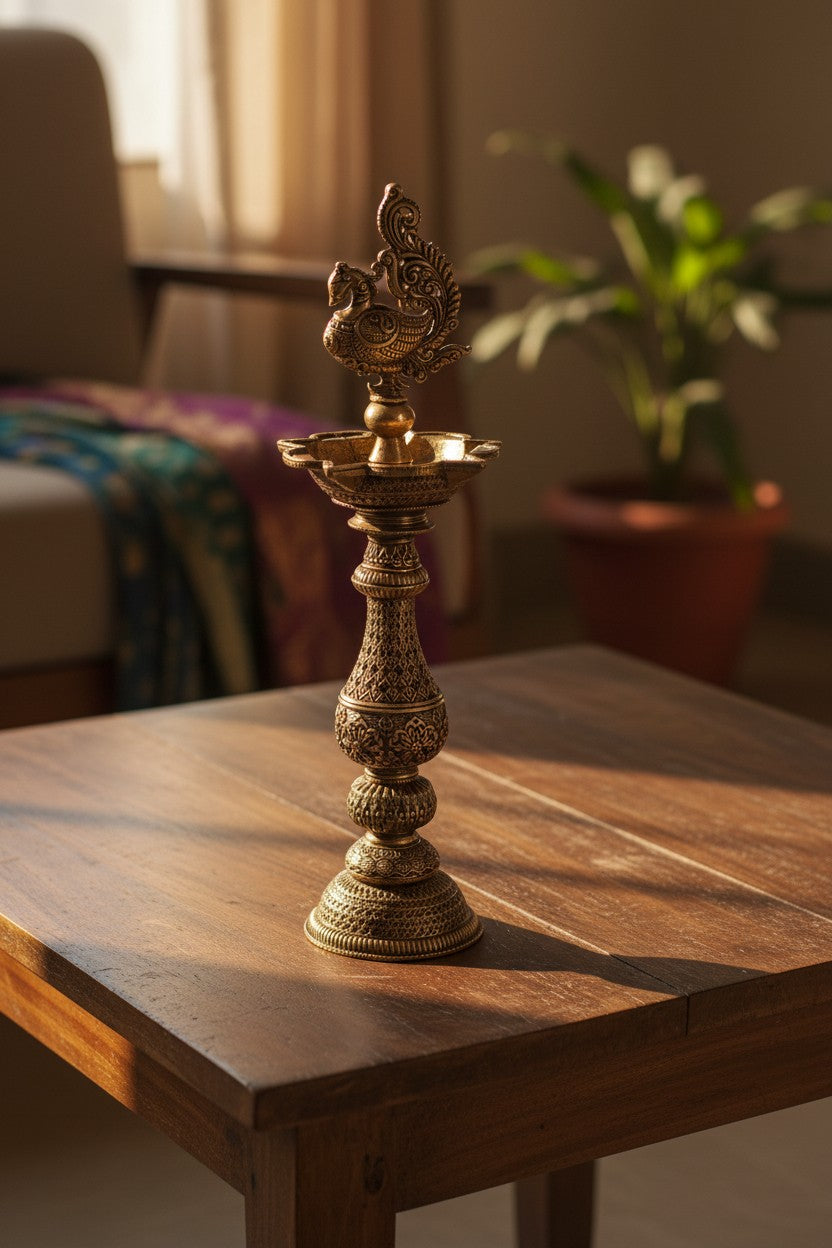 et of 2 handcrafted brass peacock diyas with elegant traditional detailing, perfect for pooja rituals, Diwali celebrations, home temple décor, festive decorations, and housewarming gifts. 🦚🪔✨