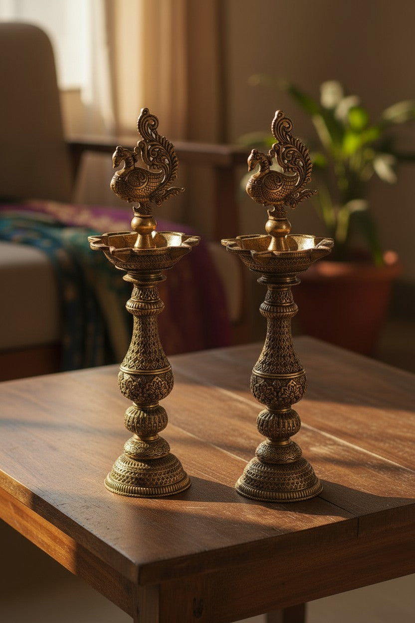 et of 2 handcrafted brass peacock diyas with elegant traditional detailing, perfect for pooja rituals, Diwali celebrations, home temple décor, festive decorations, and housewarming gifts. 🦚🪔✨