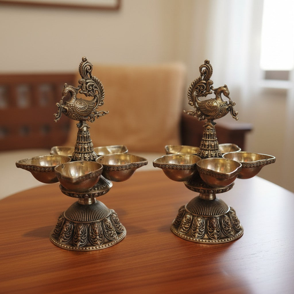 Brass Panchmukhi Peacock Diya for Pooja, Diwali Decoration, Home Temple Décor & Spiritual Gifting, 1 piece