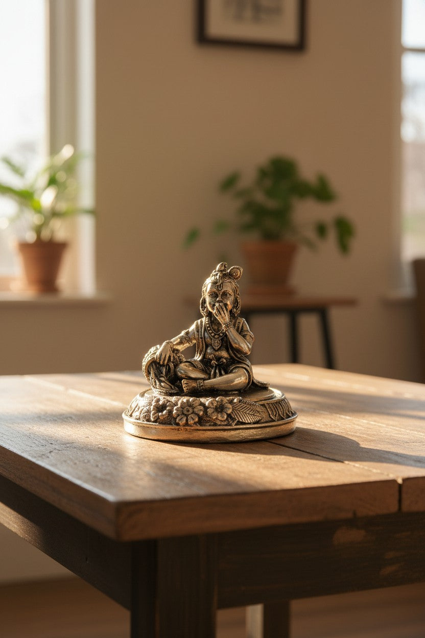 Handcrafted brass Laddu Gopal idol depicting young Lord Krishna, ideal for home temples, Krishna pooja, Janmashtami celebrations, spiritual décor, and religious gifting. 🦚✨🙏🪔