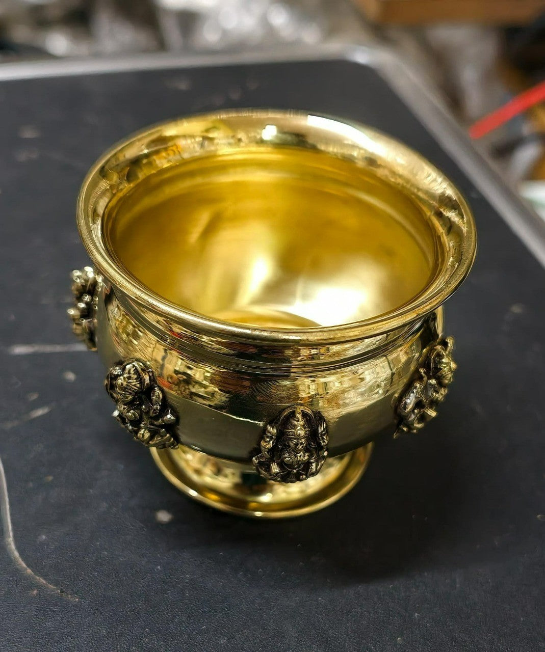 Set of 2 brass Ashta Lakshmi bowls with stands, ideal for serving prasad, sweets, dry fruits, desserts, kumkum, and haldi during pooja rituals, Diwali celebrations, and festive occasions. 🪔✨🙏🍬