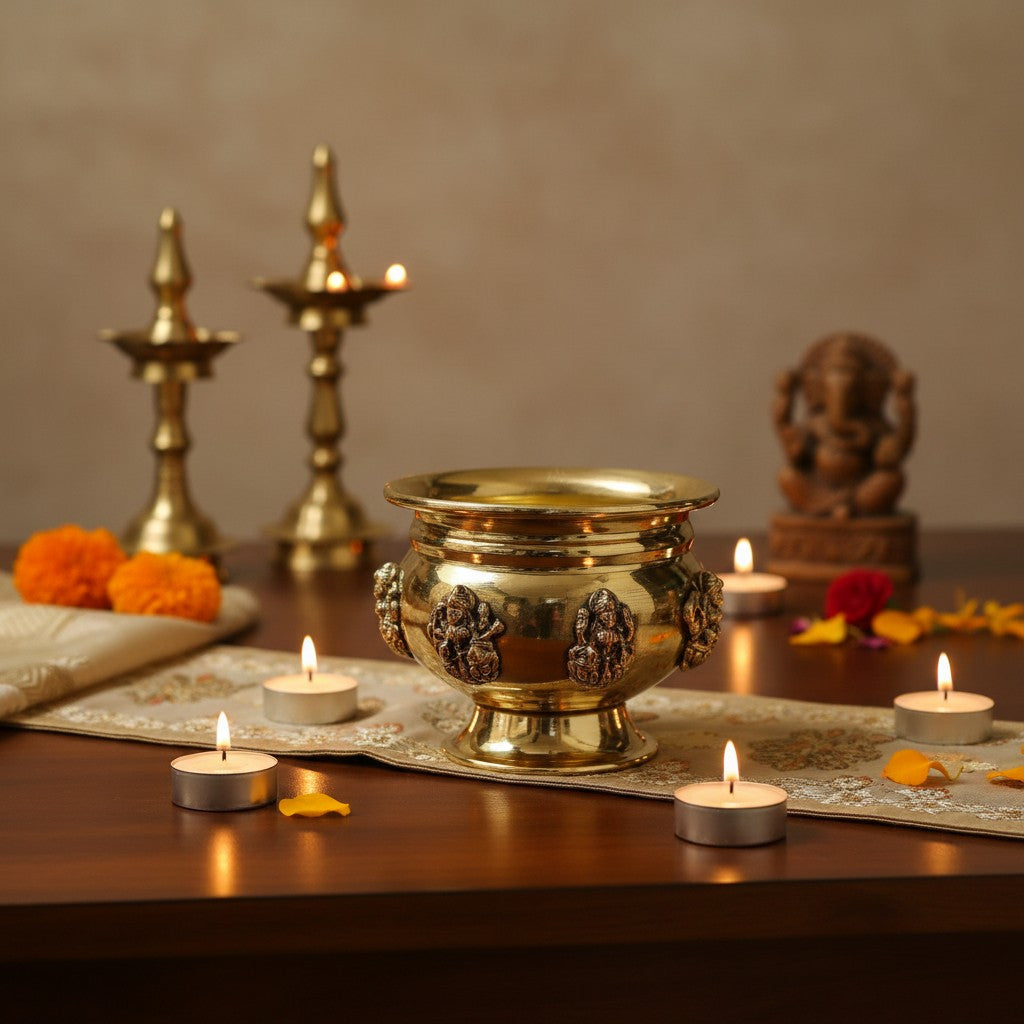 Set of 2 brass Ashta Lakshmi bowls with stands, ideal for serving prasad, sweets, dry fruits, desserts, kumkum, and haldi during pooja rituals, Diwali celebrations, and festive occasions. 🪔✨🙏🍬