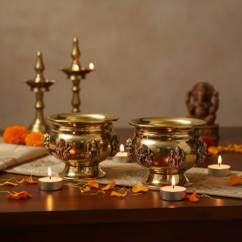 Set of 2 brass Ashta Lakshmi bowls with stands, ideal for serving prasad, sweets, dry fruits, desserts, kumkum, and haldi during pooja rituals, Diwali celebrations, and festive occasions. 🪔✨🙏🍬
