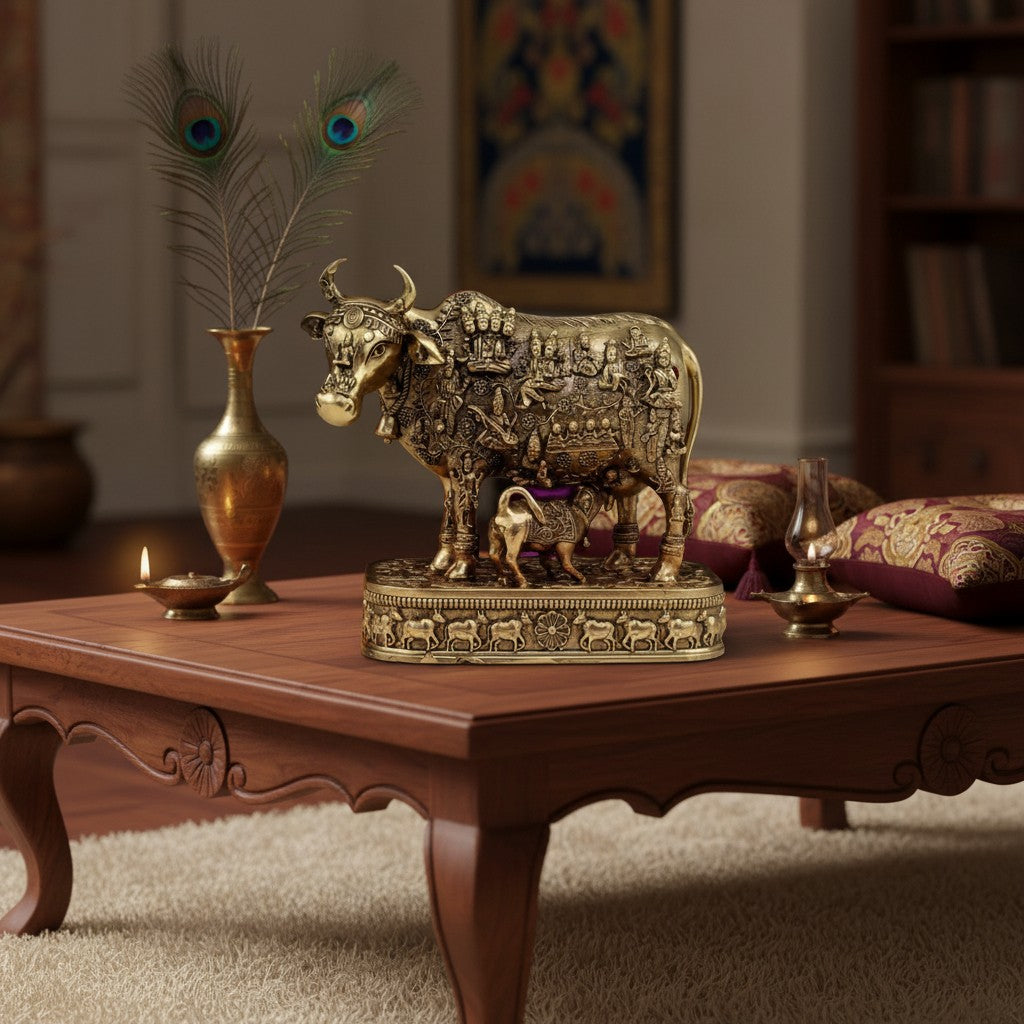 Brass Kamdhenu Cow with Calf Idol | Intricately Detailed Brass Cow Statue for Pooja, Vastu, Home Temple & Spiritual Décor, small  size
