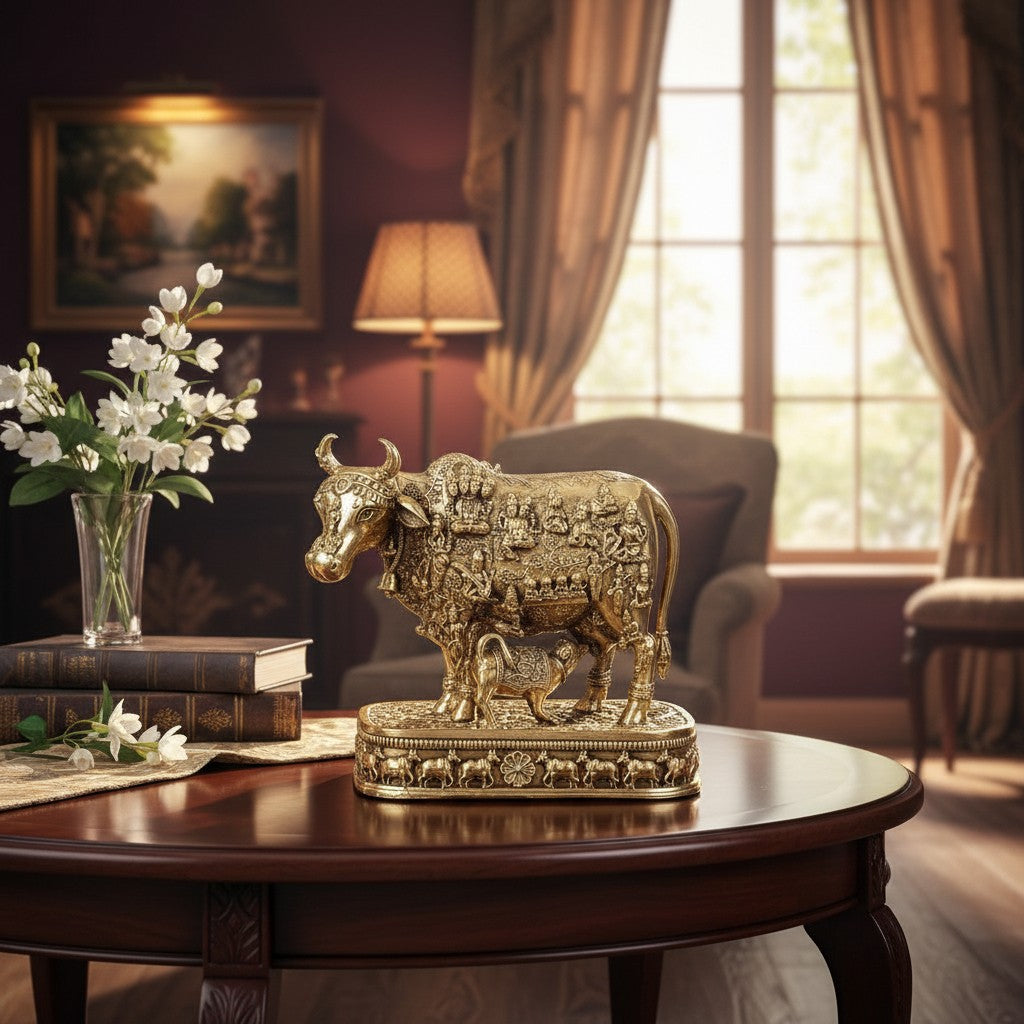 Brass Kamdhenu Cow with Calf Idol | Intricately Detailed Brass Cow Statue for Pooja, Vastu, Home Temple & Spiritual Décor, small  size