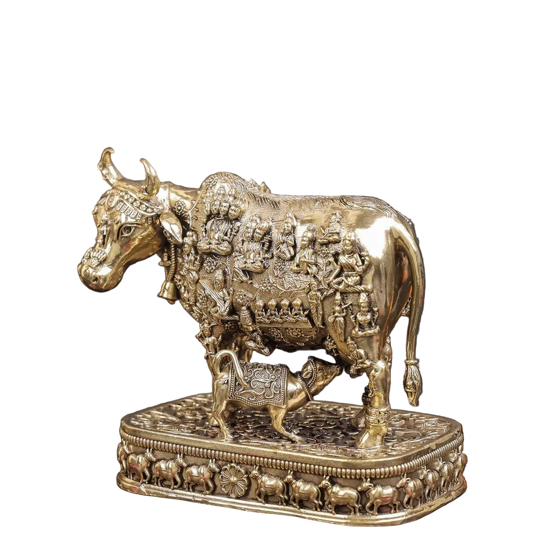 Brass Kamdhenu Cow with Calf Idol | Intricately Detailed Brass Cow Statue for Pooja, Vastu, Home Temple & Spiritual Décor, small  size