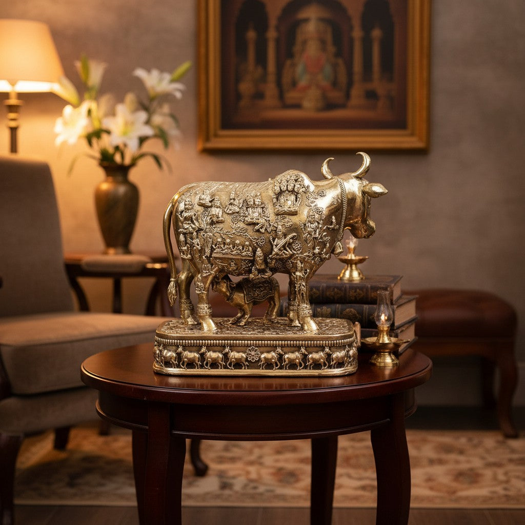 Brass Kamdhenu Cow with Calf Idol | Intricately Detailed Brass Cow Statue for Pooja, Vastu, Home Temple & Spiritual Décor, small  size