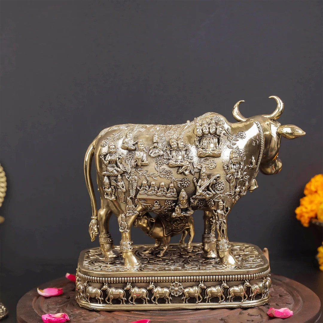 Brass Kamdhenu Cow with Calf Idol | Intricately Detailed Brass Cow Statue for Pooja, Vastu, Home Temple & Spiritual Décor, small  size