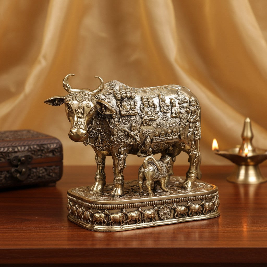 Brass Kamdhenu Cow with Calf Idol | Intricately Detailed Brass Cow Statue for Pooja, Vastu, Home Temple & Spiritual Décor, small  size